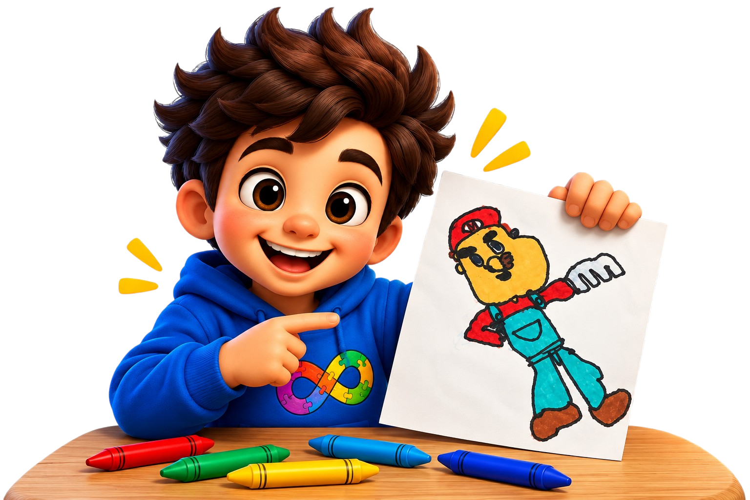 Tiel segurando seu desenho de Mario, com mesa e lápis coloridos